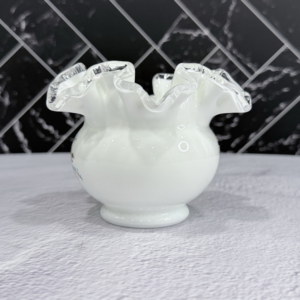 Fenton Silver Crest Vase 4" Hand Painted Blue Yellow Butterflies Signed VTG‎ - Picture 12 of 12